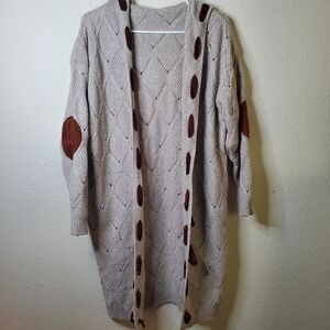 Womens Tan Brown Thick Knit Long Cardigan Country Western Fall Patched Large   G